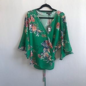 Green floral wrap top